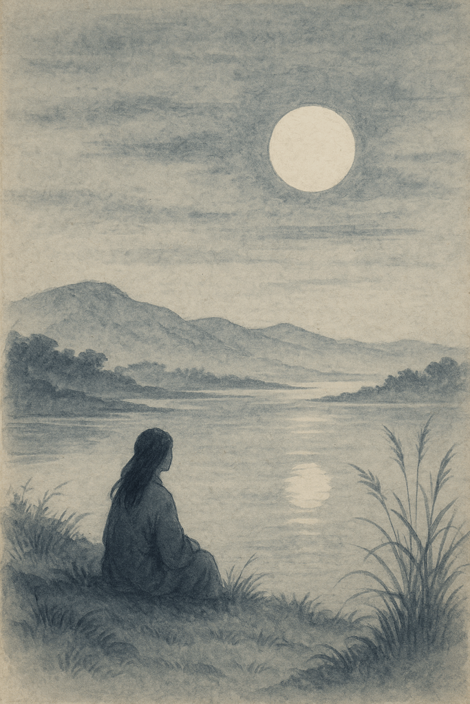 This picture described a scene where a woman sit next to a quiet lake in which the full moon is reflected. The picture looks like a pencil drawing and gives an emotion of quiet, melancholy.